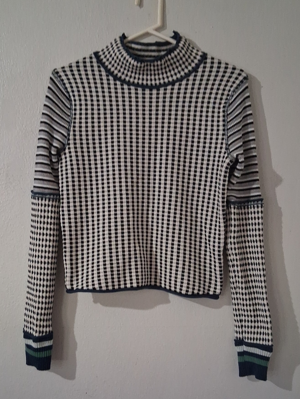 Black and White and Blue Mix Patterned Turtleneck Sweater
